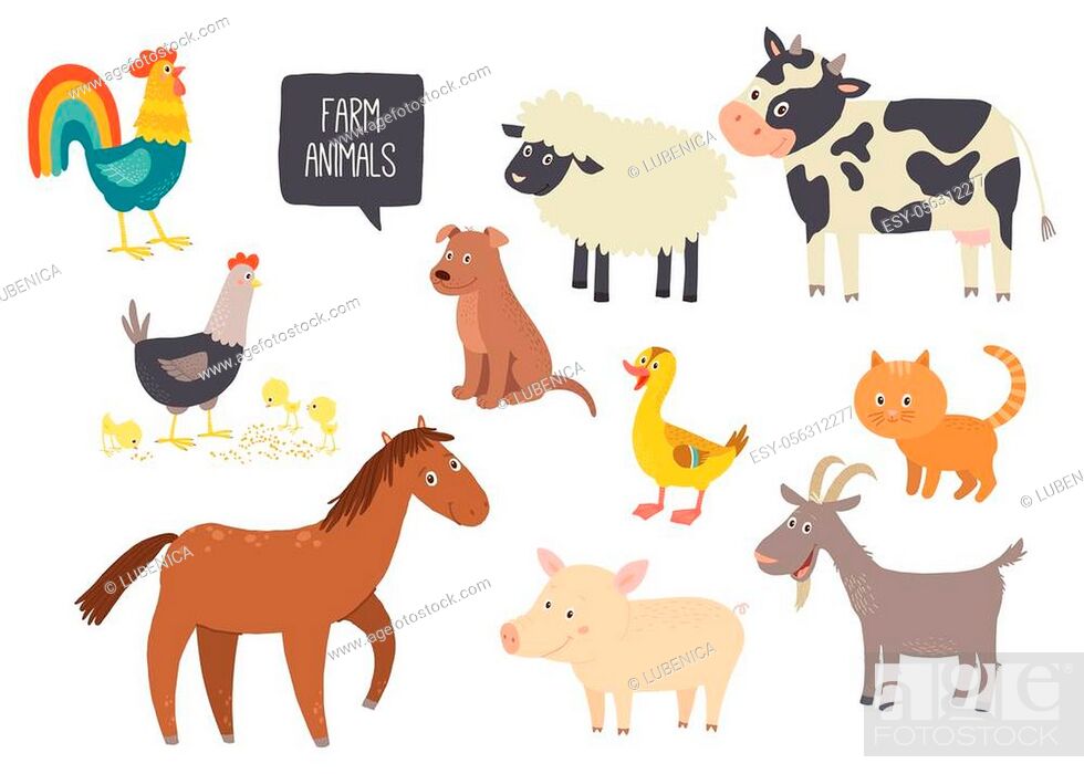 Set of cute farm animals. Horse, cow, sheep, pig, duck, hen, goat, dog,  cat, Stock Vector, Vector And Low Budget Royalty Free Image. Pic.  ESY-056312277 | agefotostock