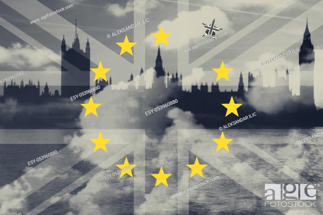 Stock Photo: Brexit Concept. Great Britain Departing European Uniun. EU and UK Flag Against London City Background.