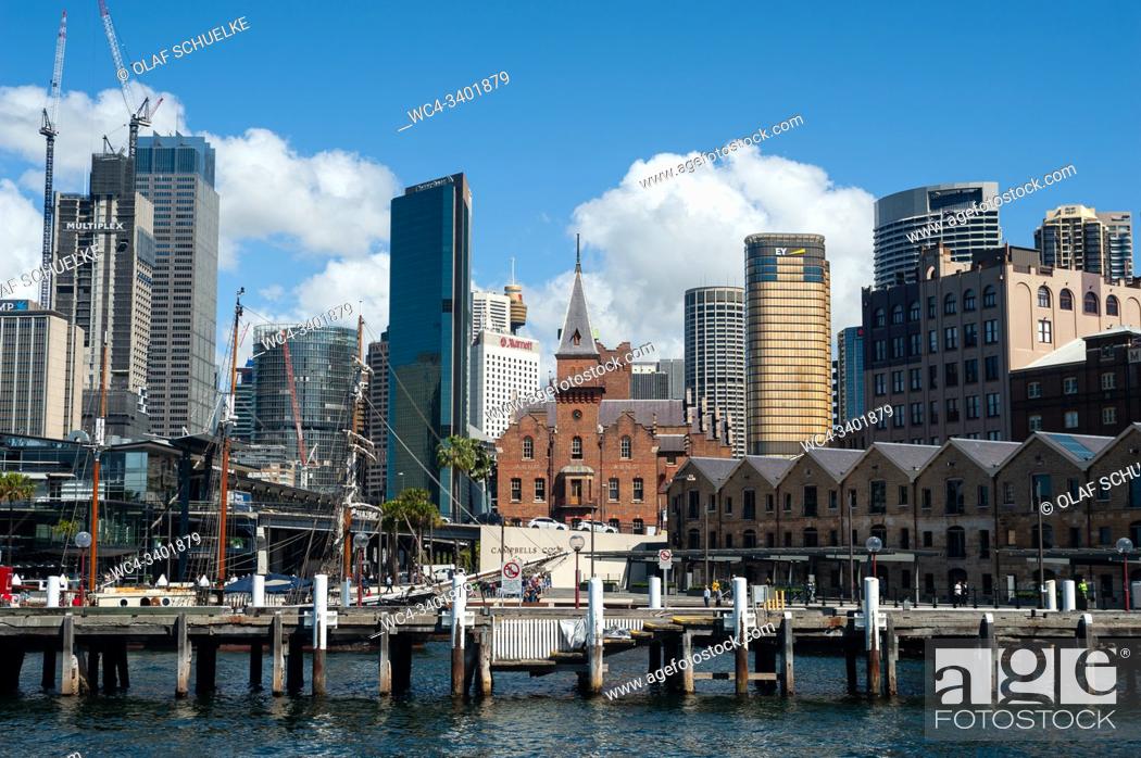 Stock Photo: Sydney, New South Wales, Australia - View across Campbells Cove of the city skyline in the central business district and The Rocks district.
