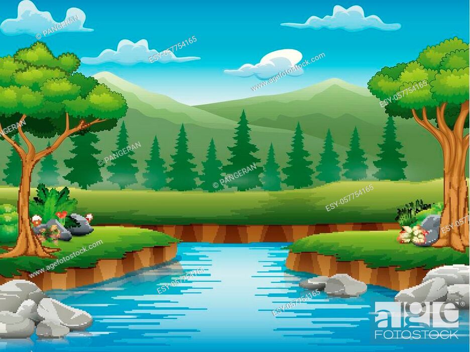 River cartoons in the middle beautiful natural scenery, Stock Vector,  Vector And Low Budget Royalty Free Image. Pic. ESY-057754165 | agefotostock