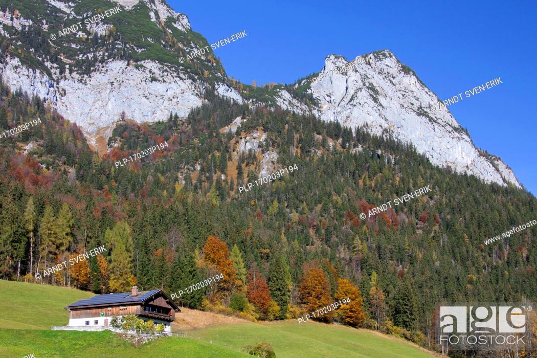 Stock Photo: Traditional house with solar panels on roof near Hintersee at Ramsau, Berchtesgadener Land, Upper Bavaria, Germany.