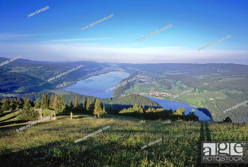 Stock Photo: Switzerland, Europe, Vaud, Dent de Vaulion, mountain, Jura, lake, valley, landscape, Lac de Joux.