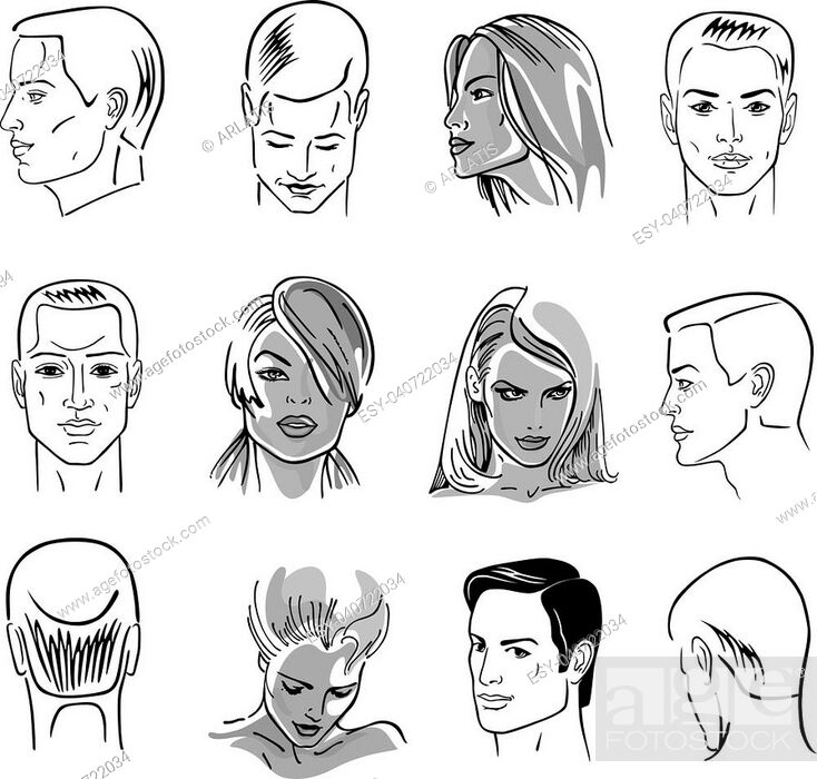 Man hairstyle head set (front, side views), vector illustration isolated on white  background, Stock Vector, Vector And Low Budget Royalty Free Image. Pic.  ESY-040722034 | agefotostock