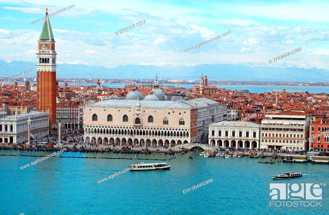 Stock Photo: panoramic aerial view of venice cityscape showing san marco and boats in the sea.