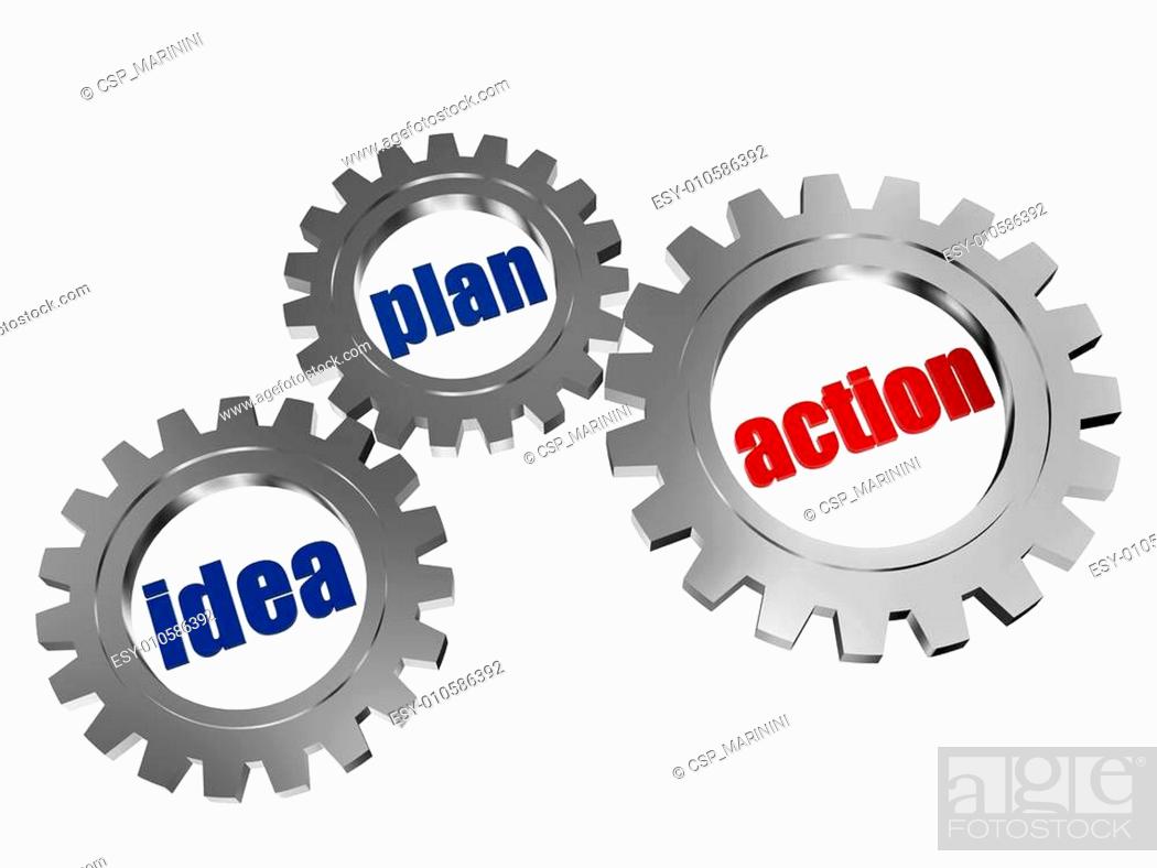 Stock Photo: idea, plan, action in silver grey gearwheels.