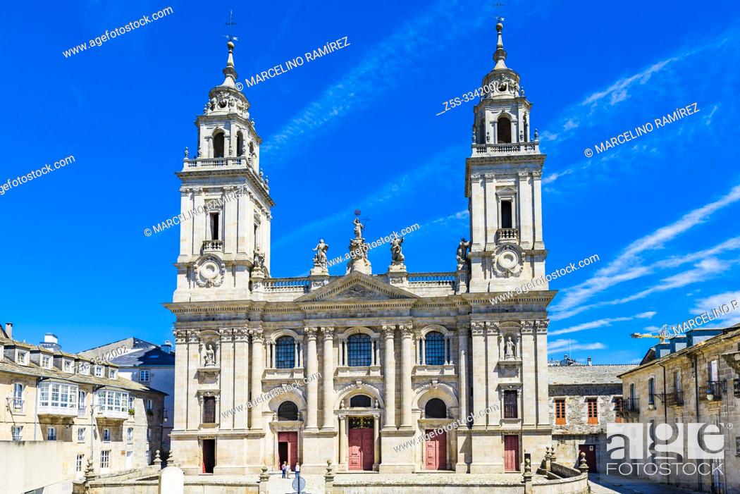 Stock Photo: Saint Mary's Cathedral, Catedral de Santa María, better known as Lugo Cathedral. The cathedral was erected in the early 12th century in a Romanesque style.