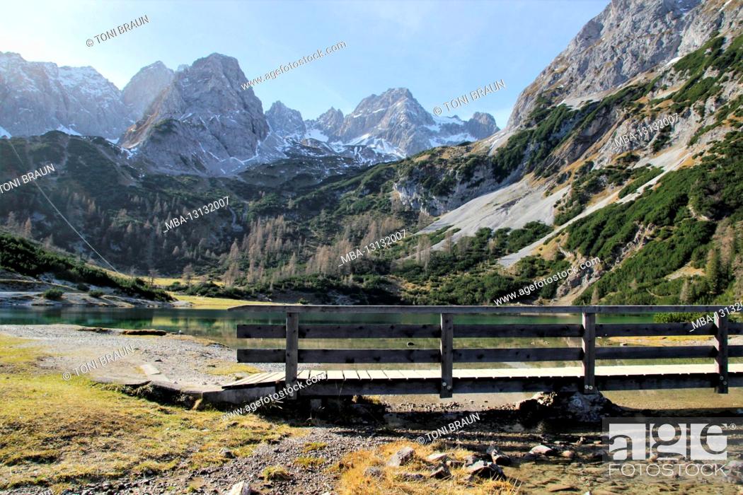 Stock Photo: Austria, Tyrol, Ehrwald, Seebensee, Zugspitze, mirroring, water surface, Zugspitz massif, lake, mountain lake, mountains, alps, Wetterstein Mountains.
