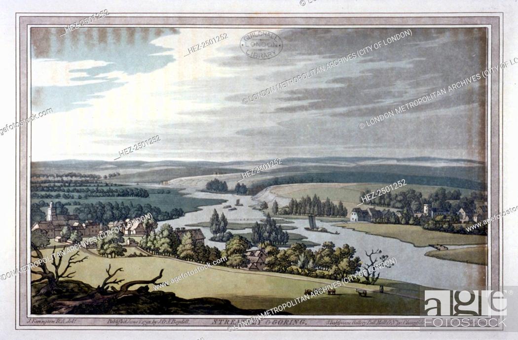 Stock Photo: View of Streatley and Goring in Berkshire and Oxfordshire, 1793. The two vilages stand on opposite banks of the Thames.
