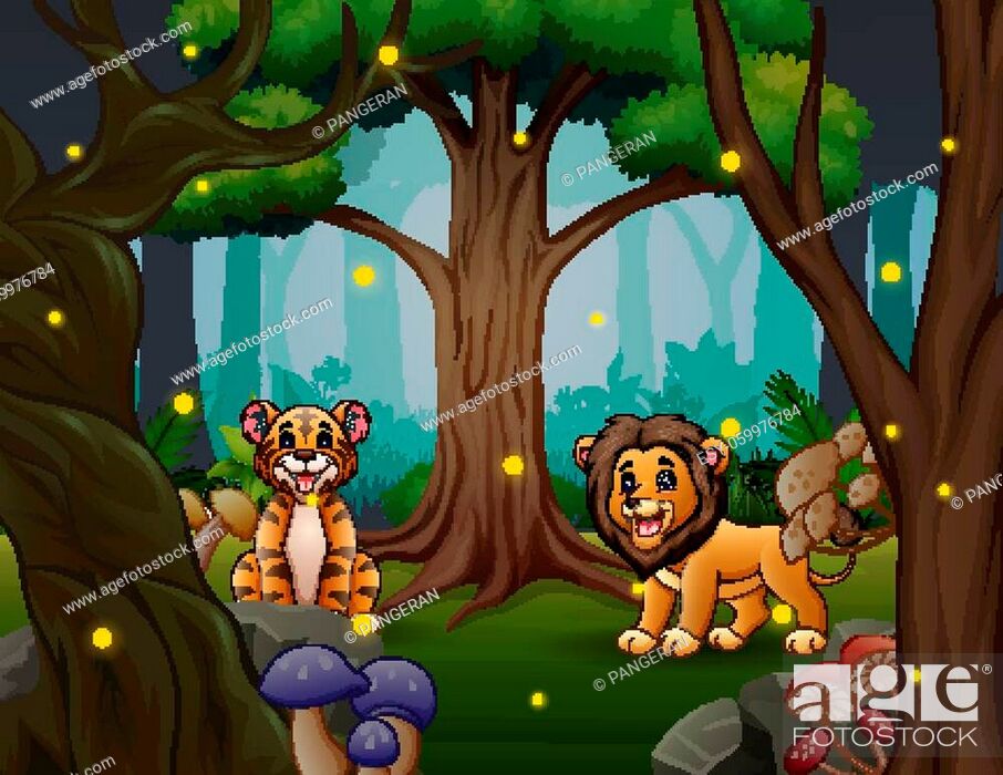 Cartoon a tiger and lion playing in the beautiful forest, Stock Vector,  Vector And Low Budget Royalty Free Image. Pic. ESY-059976784 | agefotostock