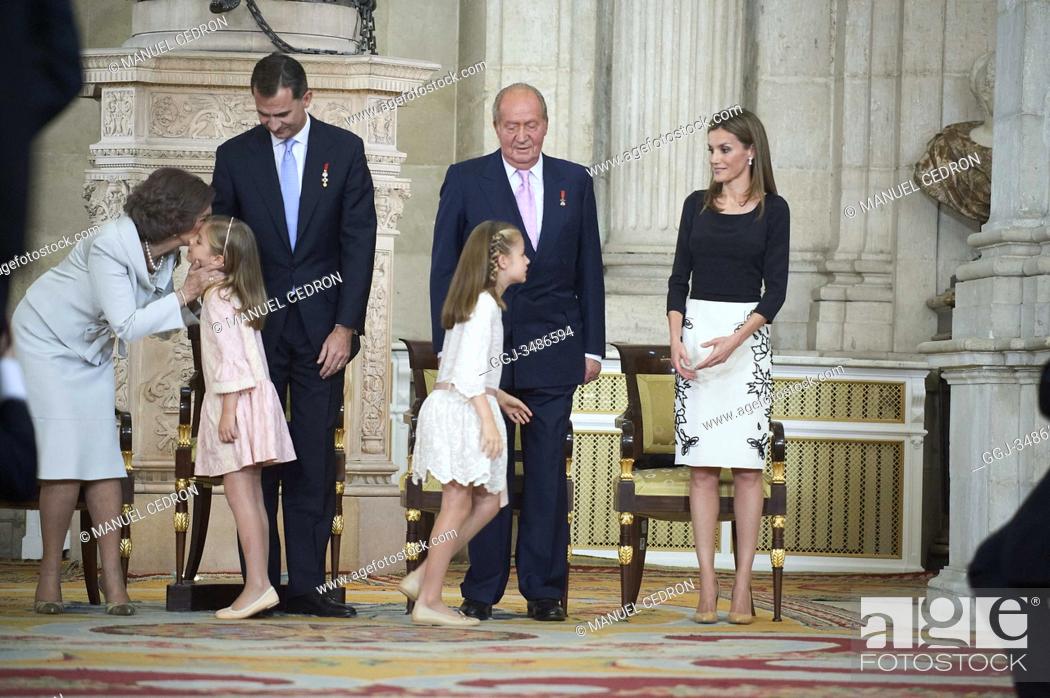 Stock Photo: Prince Felipe of Spain, Princess Letizia of Spain, Princess Leonor, Princess Sofia, Queen Sofia of Spain, Princess Elena, Froilan.