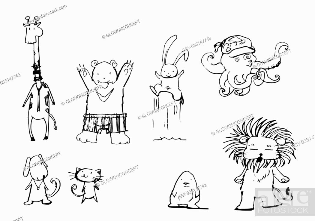 Cute pen drawing of animal different species such as bear rabbit giraffe  cat dog lion octopus and..., Stock Photo, Picture And Low Budget Royalty  Free Image. Pic. ESY-035147743 | agefotostock