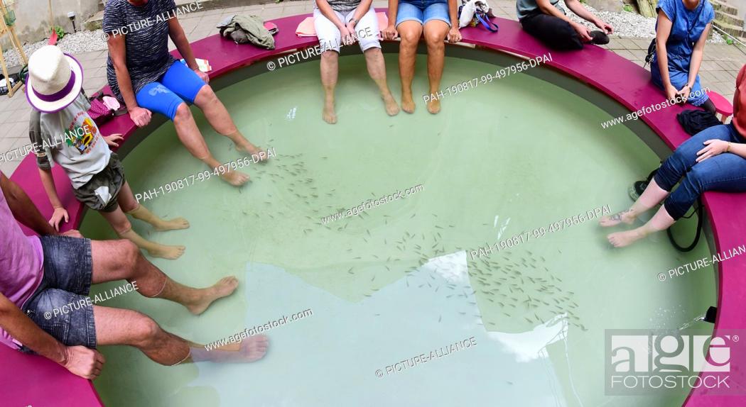 Stock Photo: 13 August 2019, Saxony, Wachau: Visitors sit in the church ruin Wachau near Leipzig at the edge of the basin of his art installation ""Give and Take"".