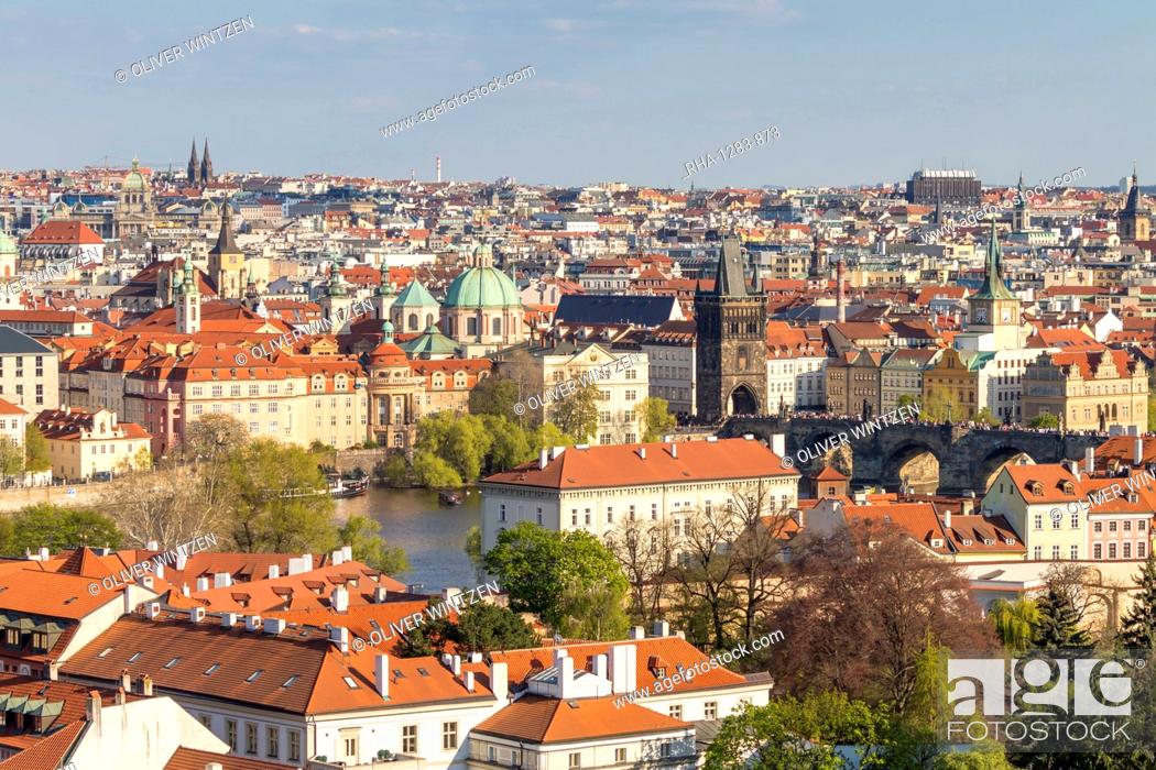 Stock Photo: Elevated view from Prague Castle over the Lesser Town, Charles Bridge and the old town, UNESCO World Heritage Site, Prague, Bohemia, Czech Republic, Europe.