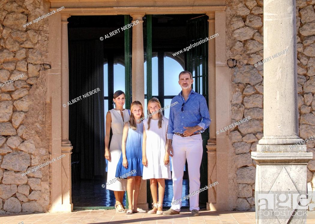 Stock Photo: King Felipe, Queen Letizia, Princess Leonor and Princess Sofia of Spain at la Casa Museo Son Marroig in Deia, on August 08, 2019.