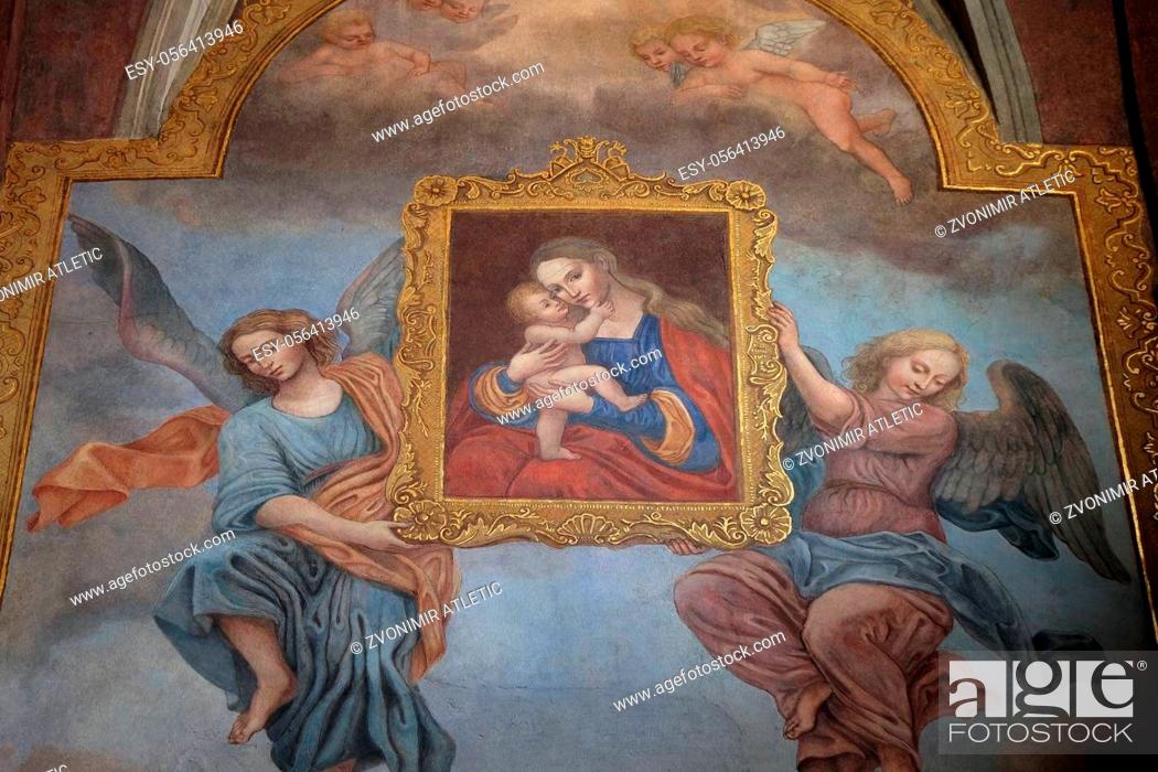 Stock Photo: Virgin Mary with baby Jesus, fresco in the Franciscan Church of the Annunciation in Ljubljana, Slovenia.