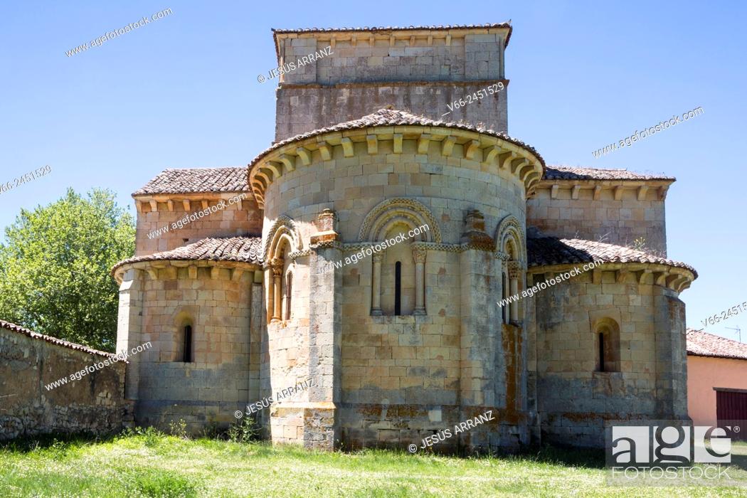 Stock Photo: Romanesque church of Santa Eufemia de Cozollos, Olmos de Ojeda, Palencia, Spain.