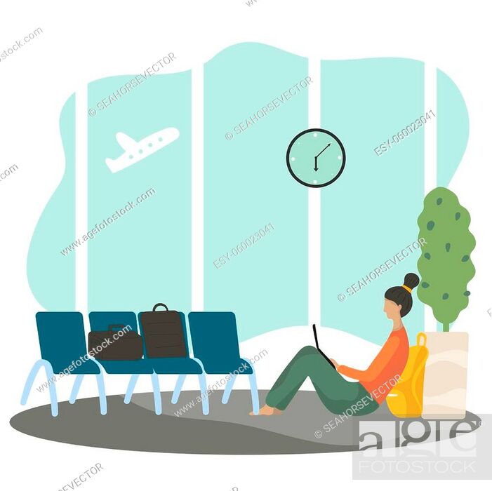 Woman cartoon character waiting in airport terminal, vector illustration,  Stock Vector, Vector And Low Budget Royalty Free Image. Pic. ESY-060023041  | agefotostock