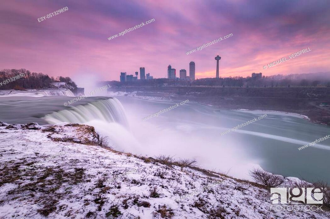 Stock Photo: Long exposure of Niagara Falls from the New York side in winter.