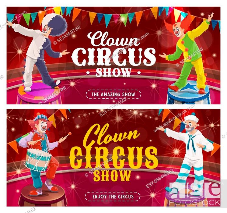 Stock Vector: Circus clown cartoon vector banners of carnival show joker characters on circus arena with funny wigs, cute faces and comedy costumes.