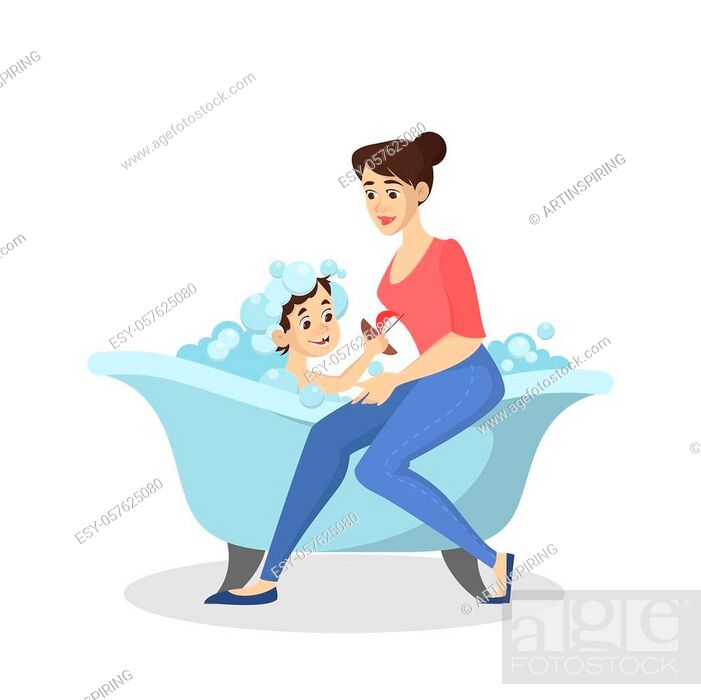 Mother wash boy in the bath. Baby bathing. Idea of health and hygiene,  Stock Vector, Vector And Low Budget Royalty Free Image. Pic. ESY-057625080  | agefotostock