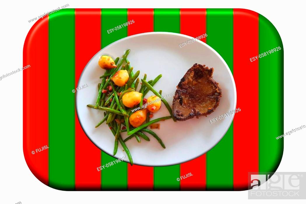 Stock Photo: Fried beef liver with vegetables on a white plate on a green-red surface.