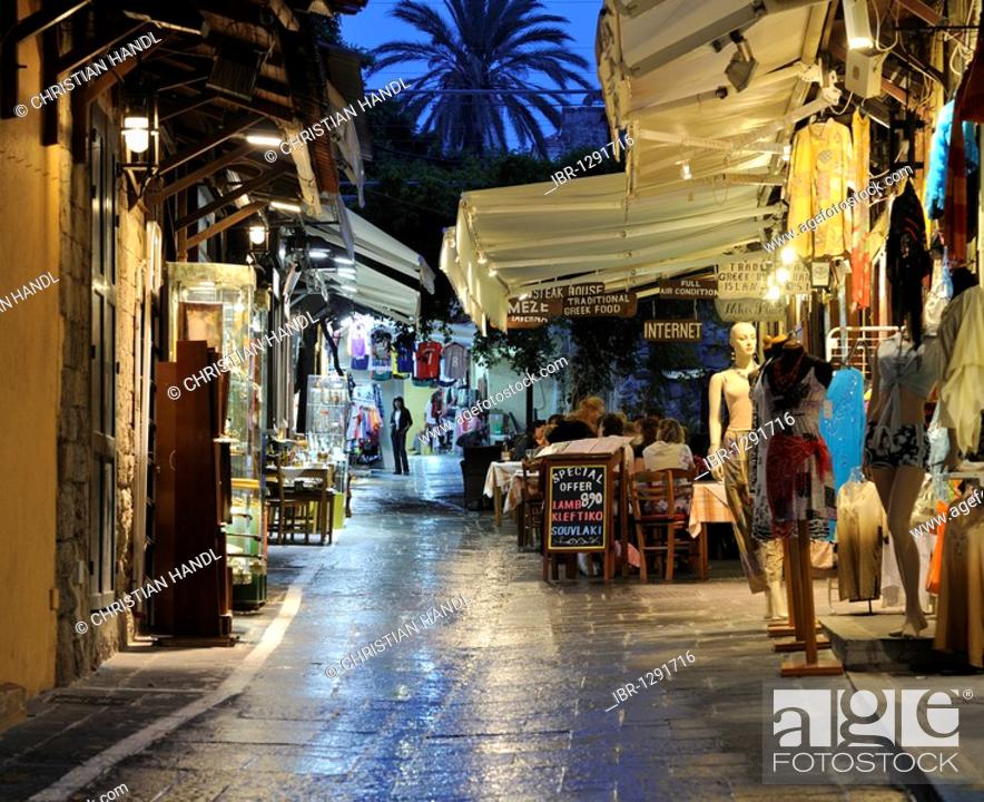 Stock Photo: Street, Odos Agisandrou with shops and tavernas, Rhodes Town, Rhodes, Greece, Europe.