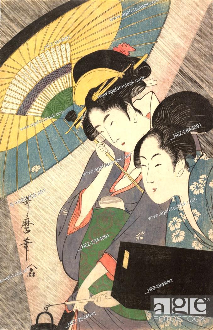 Stock Photo: Geisha and Attendant on a Rainy Night, ca. 1797. Creator: Kitagawa Utamaro.