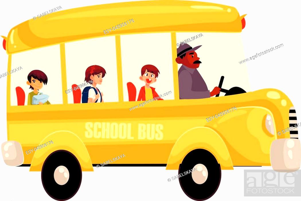Cartoon vector illustration of happy primary students riding school bus,  Stock Vector, Vector And Low Budget Royalty Free Image. Pic. ESY-045906176  | agefotostock