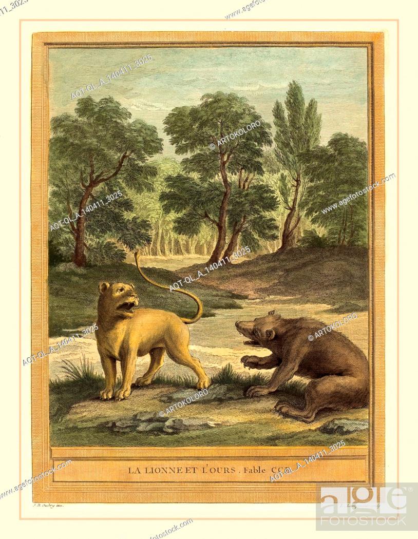 Stock Photo: Louis-Simon Lempereur after Jean-Baptiste Oudry, French (1728-1807), La lionne et l'ours (The Lion and the Bear), published 1759, hand-colored etching.