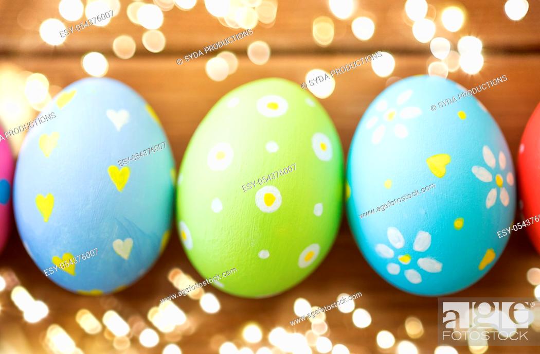 Stock Photo: close up of colored easter eggs.