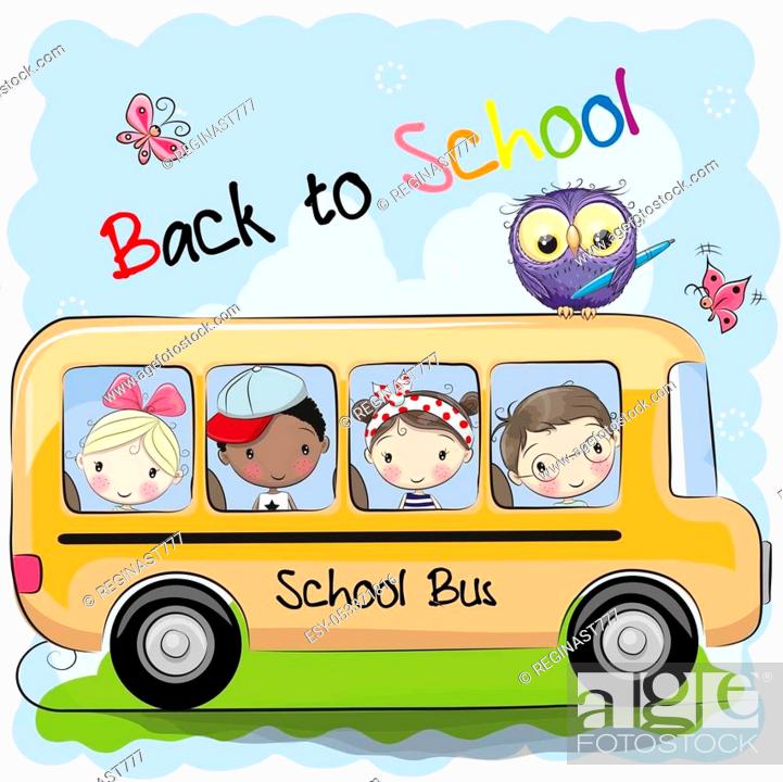 School bus and four cute cartoon kids and owl, Stock Vector, Vector And Low  Budget Royalty Free Image. Pic. ESY-053371816 | agefotostock