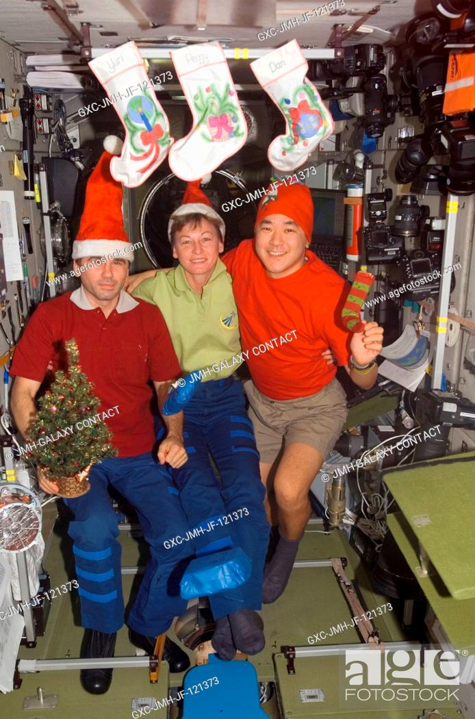 Stock Photo: The Expedition 16 crewmembers pose for a Christmas photo in the Zvezda Service Module of the International Space Station.