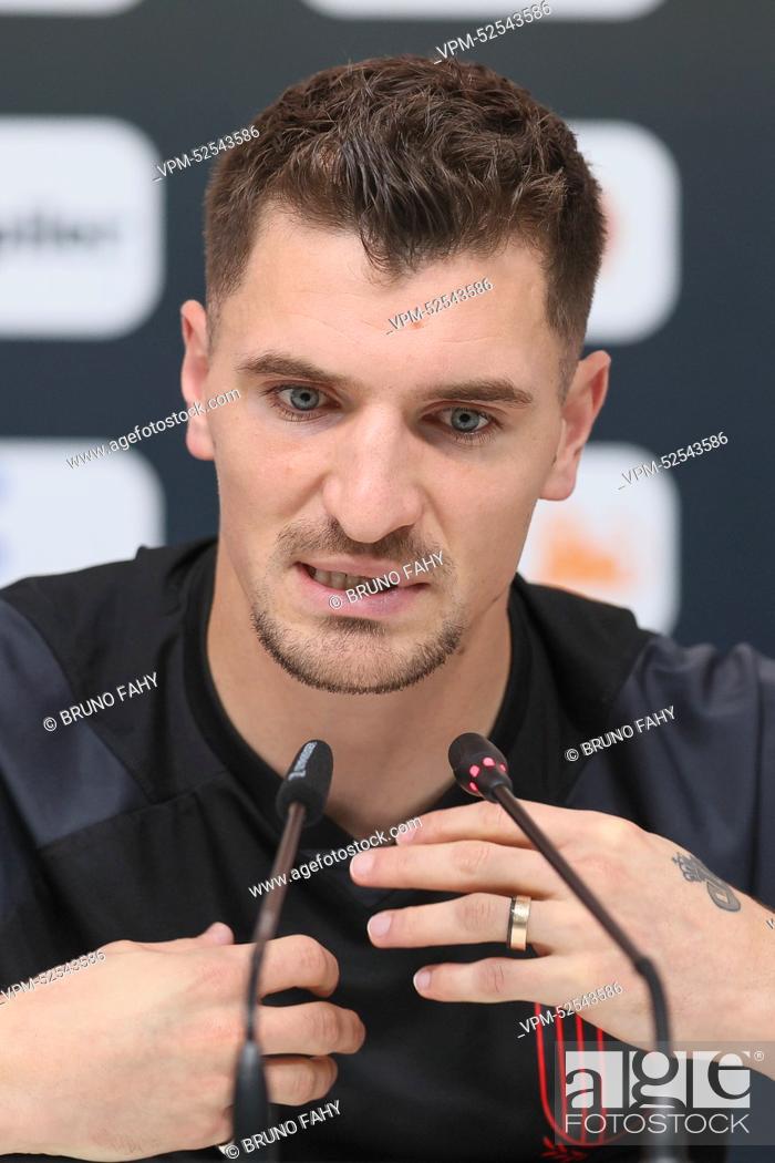 Stock Photo: Belgium's Thomas Meunier pictured during a press conference of the Belgian national soccer team the Red Devils, at the Hilton Salwa Beach Resort in Abu Samra.
