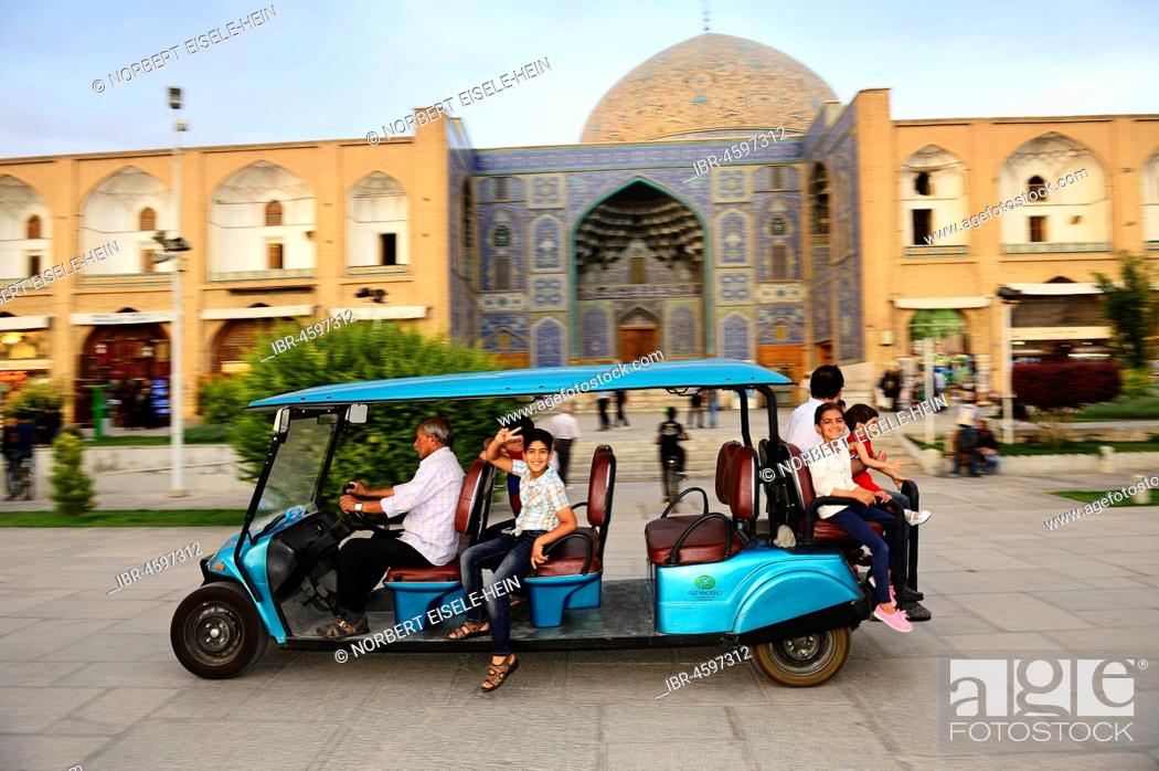 Stock Photo: Roundtrip with touristmobile in front of the Sheich Lotfullah Mosque, Masjed-e Lotfullah, Imam Square, Meydan-e Naqsh-e Jahan, Isfahan, Iran.