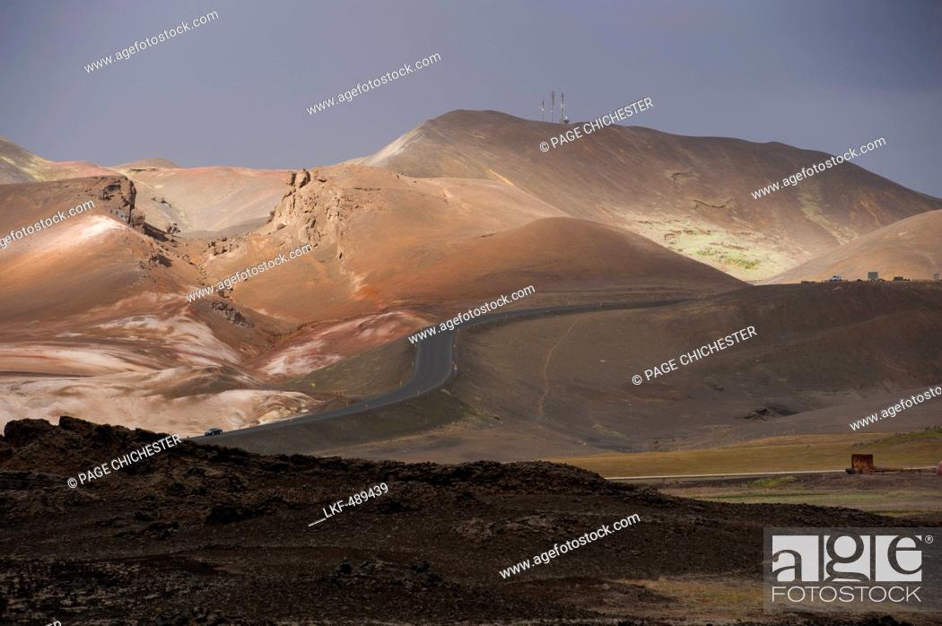 Stock Photo: Road through volcanic landscape, Krafla, Nordurland Eystra, Iceland.