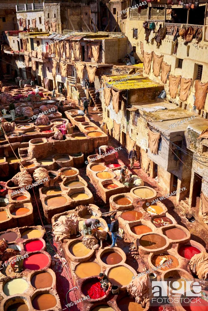 Stock Photo: Fez. Chouwara traditional leather tannery in Old Fez. Morocco.