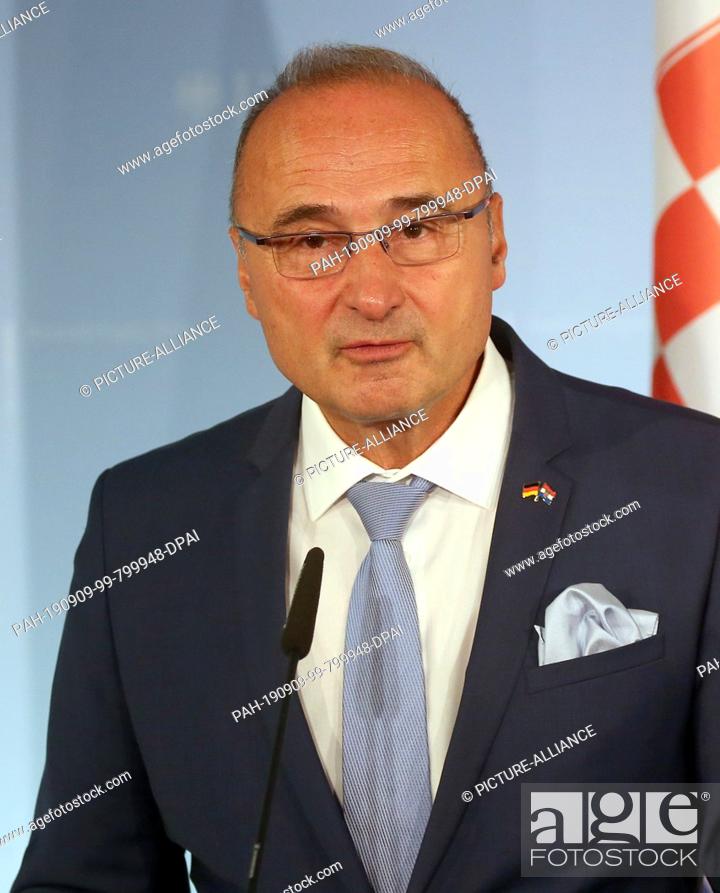Stock Photo: 09 September 2019, Berlin: Gordan Grlic Radman, Croatian Foreign Minister, answers questions from journalists following his talks with the Federal Foreign.