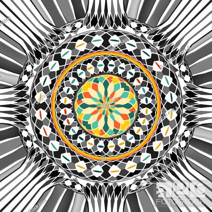 Stock Vector: High contrast mandala in black and white with colorful center. Digital art.