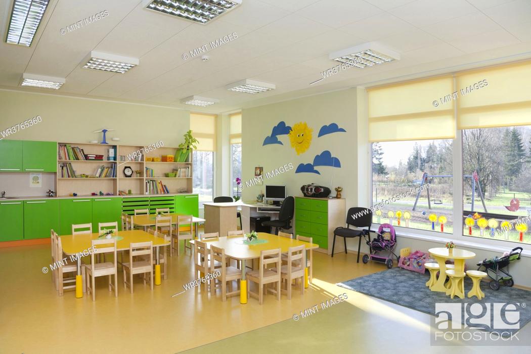 Stock Photo: Day care nursery or pre-school kindergarten school, spacious interiors, classroom.