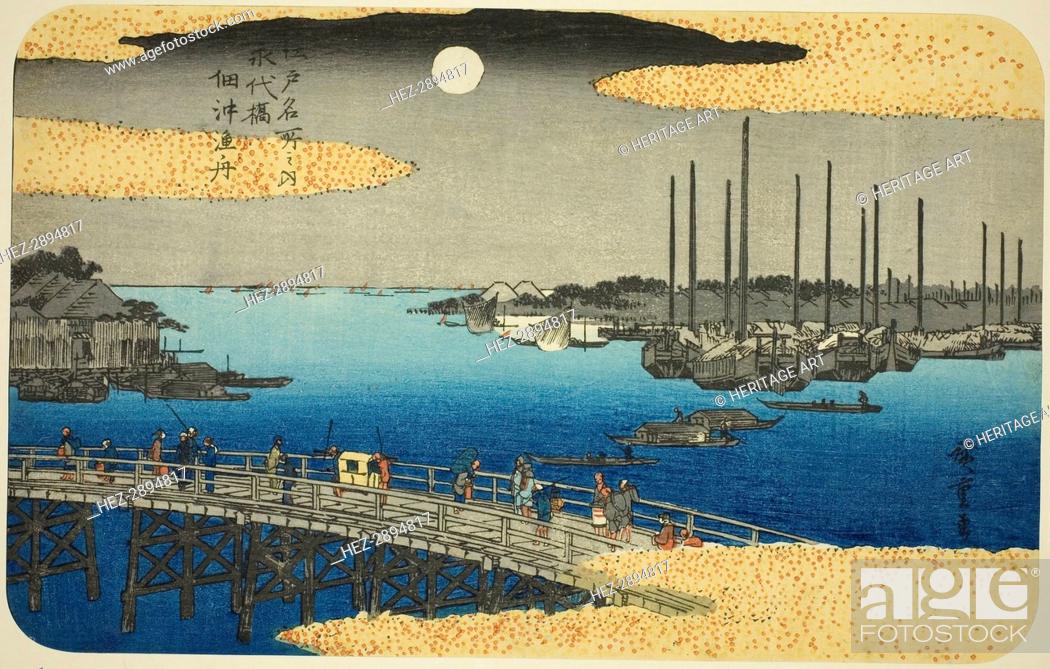 Stock Photo: Fishing Boats near Eitai Bridge in Tsukuda Bay (Eitaibashi Tsukuda oki isaribune).., c. 1832/34. Creator: Ando Hiroshige.