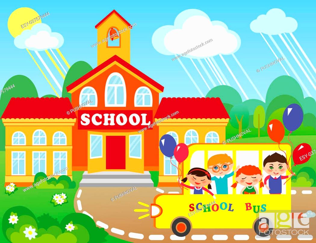 Illustration of cartoon school building. Children are going to school by  bus, Stock Photo, Picture And Low Budget Royalty Free Image. Pic.  ESY-037579444 | agefotostock