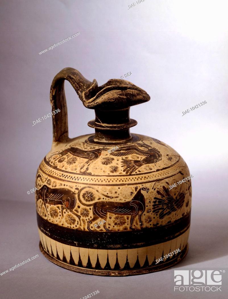 Stock Photo: Mid-Corinthian oinochoe showing figures of animals, painted pottery. Greek Civilization, 7th Century BC.  Corinto, Museo Archeologico.