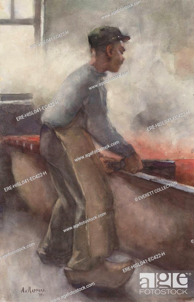 Stock Photo: A Scraper, by Anthon Gerhard Alexander van Rappard, c. 1868-92. Dutch watercolor painting of a worker wearing clogs dyeing cotton textile.