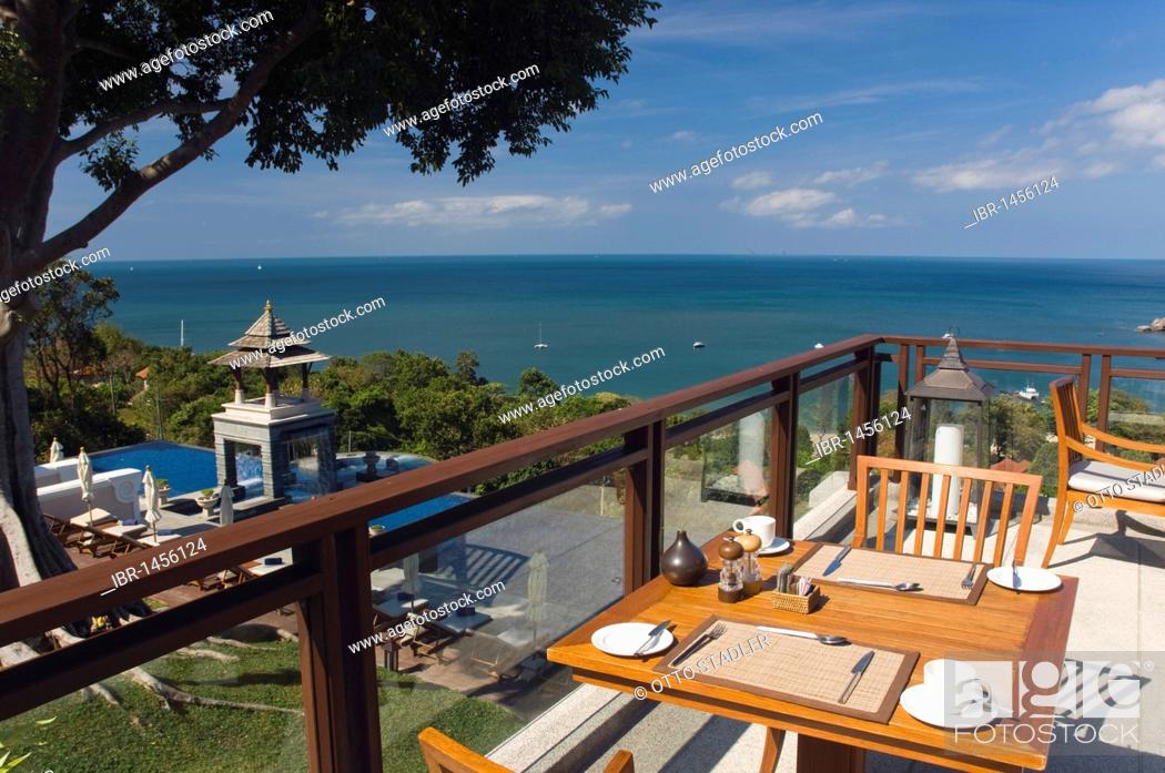 Stock Photo: Tables at the pool, luxury hotel Pimalai Resort, Kantiang Beach, Ko Lanta or Koh Lanta island, Krabi, Thailand, Asia.