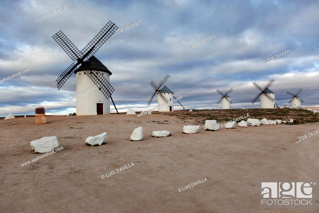 Stock Photo: One of the main sights on this trip is here in the region of Ciudad Real, Campo de Criptana. This village presents the most famous image of La Mancha.