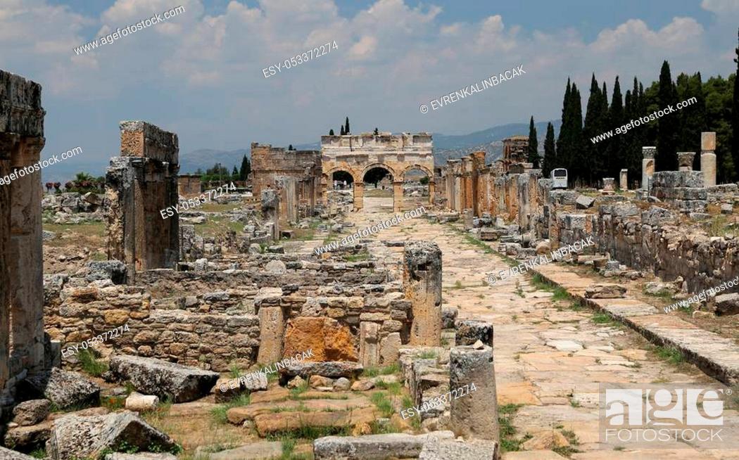 Stock Photo: Frontinus Gate and Street in Hierapolis Ancient City, Pamukkale, Turkey.
