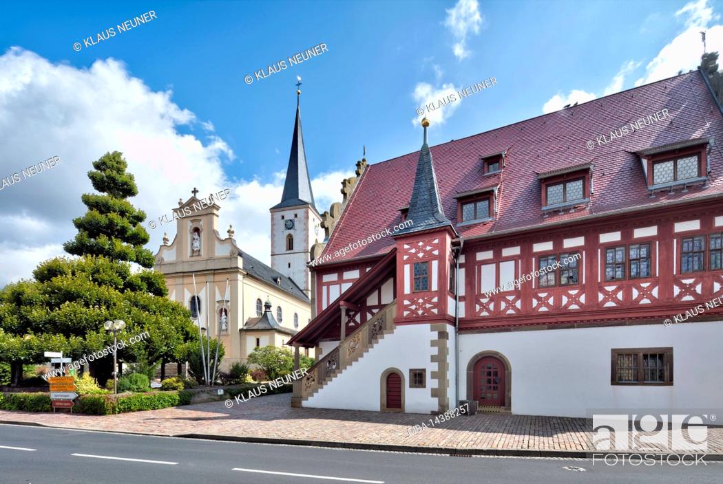 Stock Photo: Stepped lime tree, St. Peter and Paul Church, church, town hall, half-timbered, house facade, Grettstadt, Franconia, Bavaria, Germany, Europe.