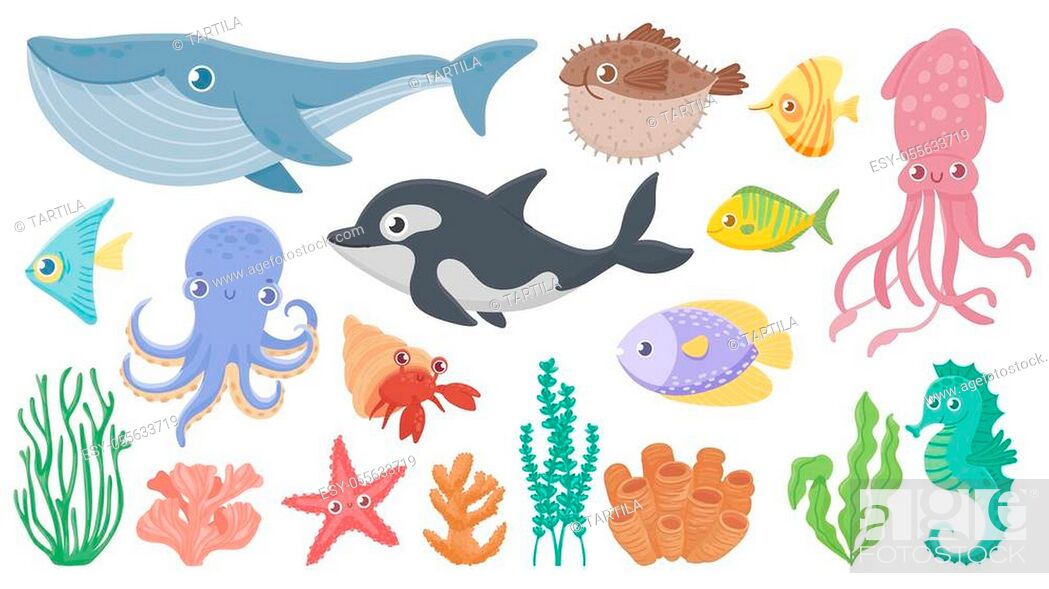 Cartoon ocean animals. Funny blue whale, cute hedgehog fish and orca, Stock  Vector, Vector And Low Budget Royalty Free Image. Pic. ESY-055633719 |  agefotostock