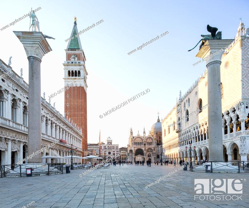 Stock Photo: Columns of San Marco and San Teodoro in piazzetta San Marco. Venice (Italy), May 31st, 2021.