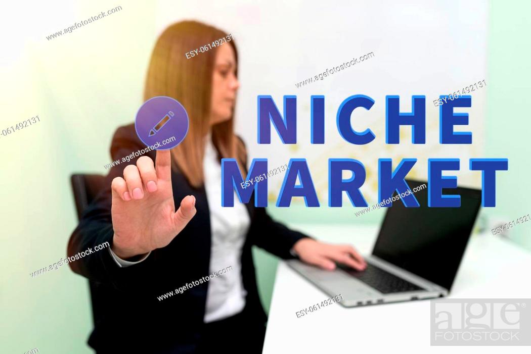 Stock Photo: Text caption presenting Niche Market, Business approach Subset of the market on which specific product is focused Woman Typing Updates On Lap Top And Pointing.